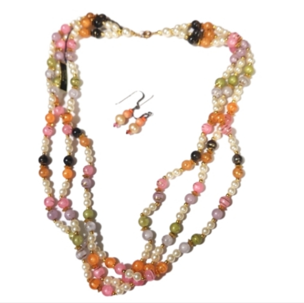 Pastel bead pearl necklace new tagged and vintage earrings